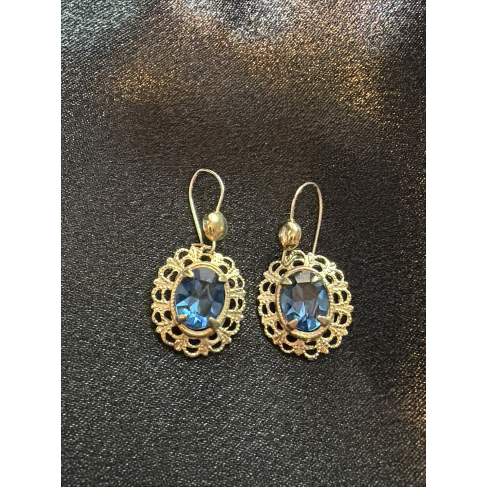 Vintage Blue Topaz Glass Gold Plated Filigree Wire Hook Drop Earrings
